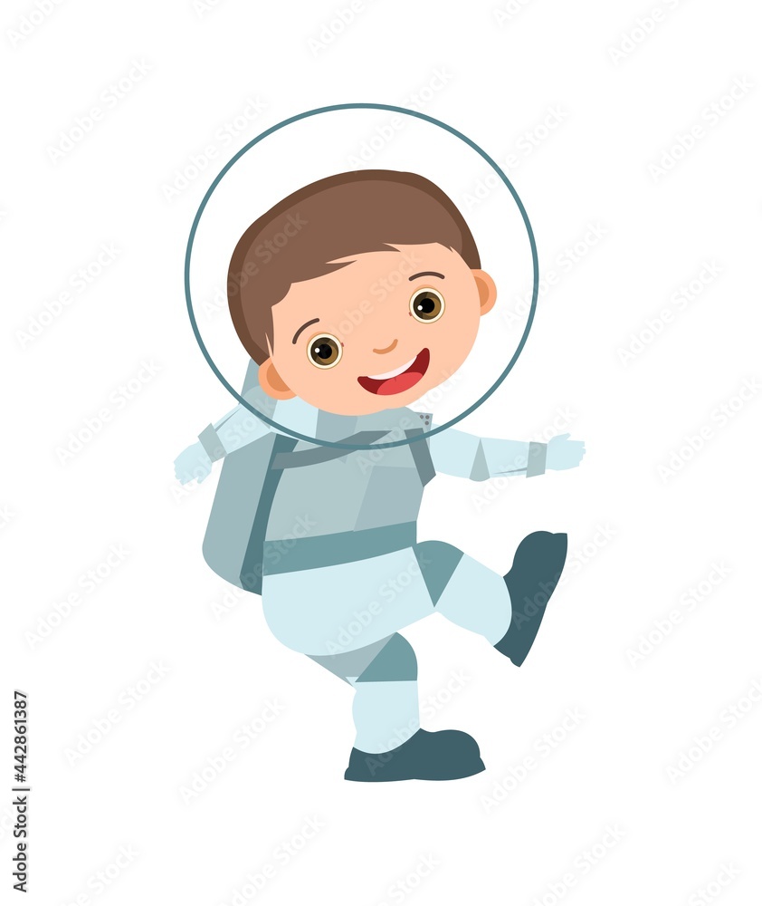 Child astronaut in a spacesuit. Kid. Boy. Children's illustration. Flat style. Cartoon design. Isolated on white background. Vector