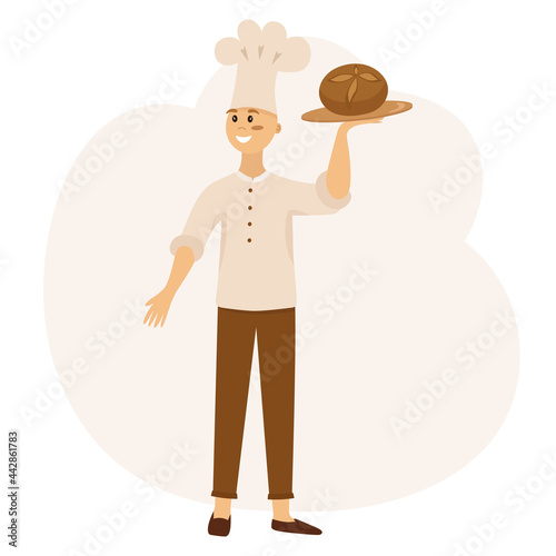 A baker holds fresh baked bread in his hands. Vector illustration isolated. For decoration, poster, postcard.