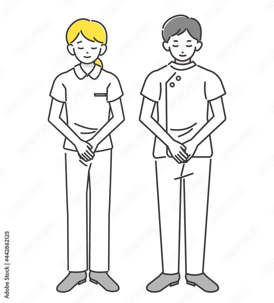 お辞儀をするスーツの男女の男性看護師のベクターイラスト素材/コミュニケーション/ビジネス/薬剤師/謝罪/礼 お辞儀をするスーツの男女の男性看護師のベクターイラスト素材/コミュニケーション/ビジネス/薬剤師/謝罪/礼