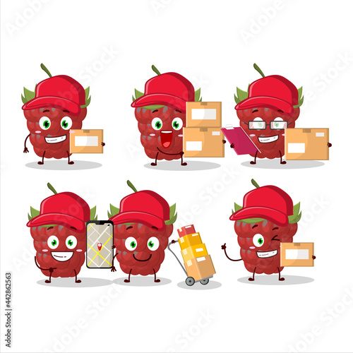 Cartoon character design of raspberry working as a courier