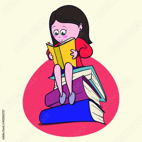 Cute little girl book lover enjoys reading big books and novels. Cartoon style Bibliophile Illustration for Graphic Novels.