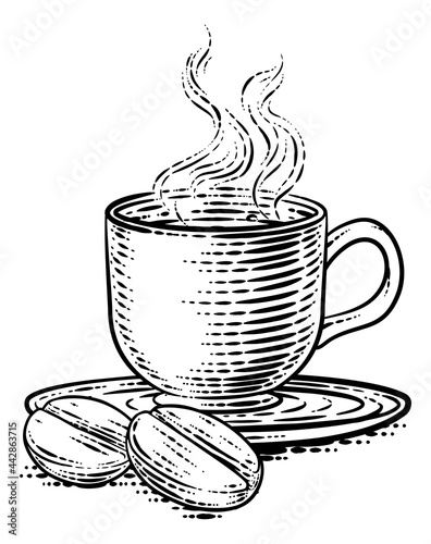 Coffee Beans And Cup Vintage Woodcut Illustration
