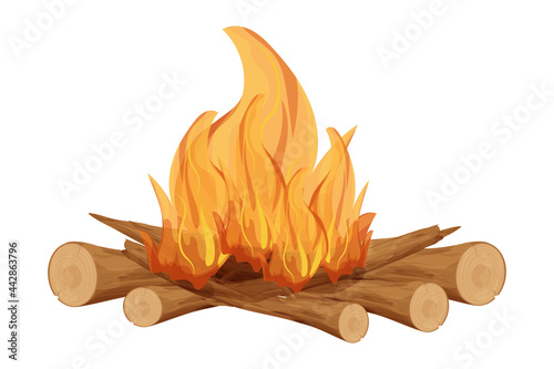 Fireplace, fire with wooden tree sticks,twigs in cartoon style isolated on white background. Outdoor activity, campfire. 