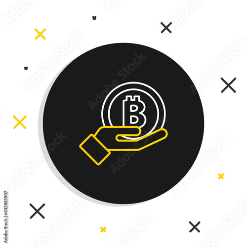 Line Hand holding Bitcoin icon isolated on white background. Blockchain technology, digital money market, cryptocoin wallet. Colorful outline concept. Vector