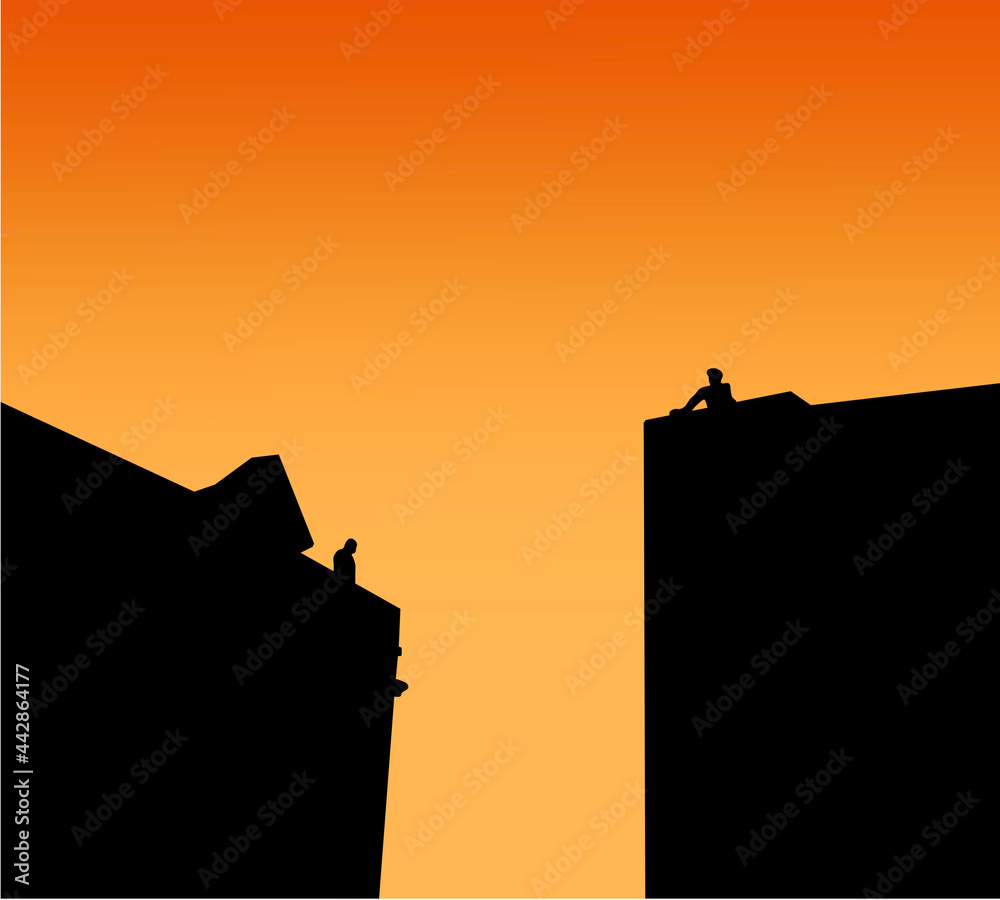 Silhouettes of man and woman on apartment building human at night, quarantine period covid-19 pandemic vector concept. Social isolation during coronavirus pandemic. Stay home.