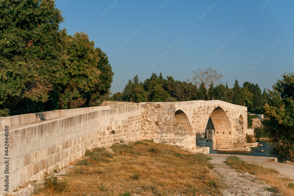 Shallow water at the mouth of a mountain river with bridge (Tarihi Aspendos Köprüsü)