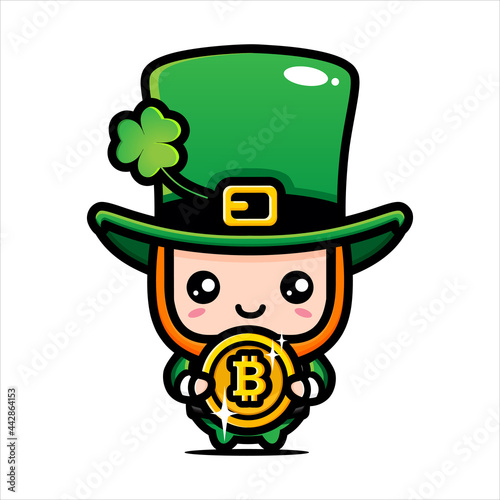 cute male cartoon character design wearing st patrick's day costume holding bitcoin coins