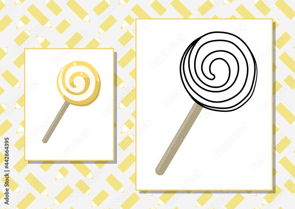 The task for preschool children to develop fine motor skills. Vector illustration. Worksheet for printing. Yellow candy lollipop. The task for preschool children to develop fine motor skills. Vector illustration. Worksheet for printing. Yellow candy lollipop.