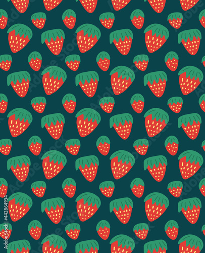 Children's seamless pattern with ripe strawberries on a dark background. Vector cartoon natural texture. Wallpaper with hand-drawn berries.