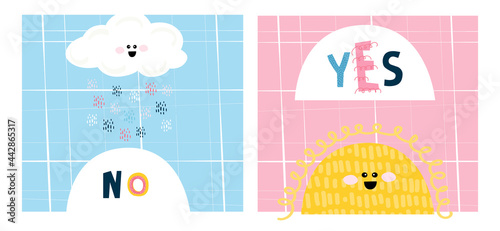 cute sun and rain. Original children's prints with funny letters. Words no and yes. Striped background for cards, covers, notebooks, poster. Vector illustration, drawn hand