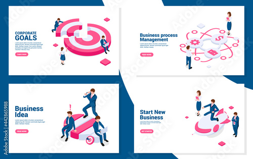 Business landings set. Corporate goals, business process management, ideas, startups. Web banner templates. Vector illustrations in isometric style. Isolated on white background