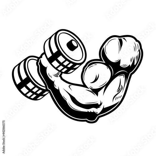 Athlete hand with dumbbell. Design element for poster, card, banner, sign. Vector illustration