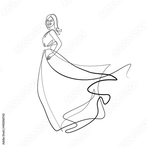 Beautiful woman in long flowing dress in continuous line art drawing style. Girl wearing luxury evening or bridal gown. Minimalist black linear sketch isolated on white background. Vector illustration