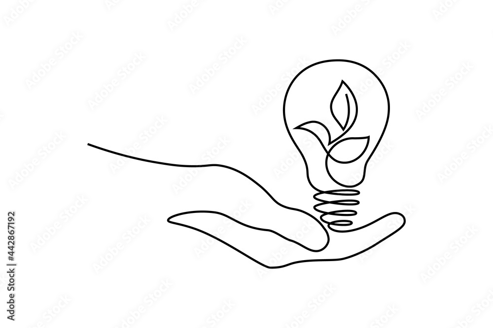Green energy icon in continuous line art drawing style. Human hand ...