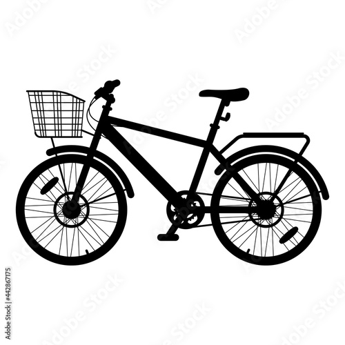 Black silhouette of retro bicycle, cycle, bike with luggage rack and basket isolated on white background. Vector illustration for design, flyer, poster, banner, web, advertising.