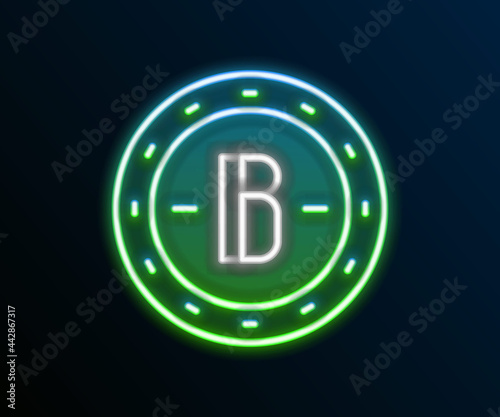 Glowing neon line Cryptocurrency coin Bitcoin icon isolated on black background. Physical bit coin. Blockchain based secure crypto currency. Colorful outline concept. Vector