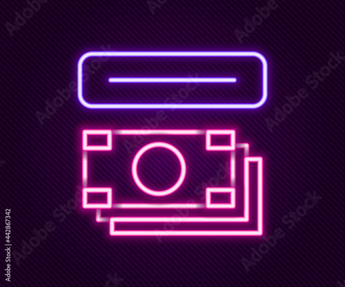 Glowing neon line ATM - Automated teller machine and money icon isolated on black background. Colorful outline concept. Vector