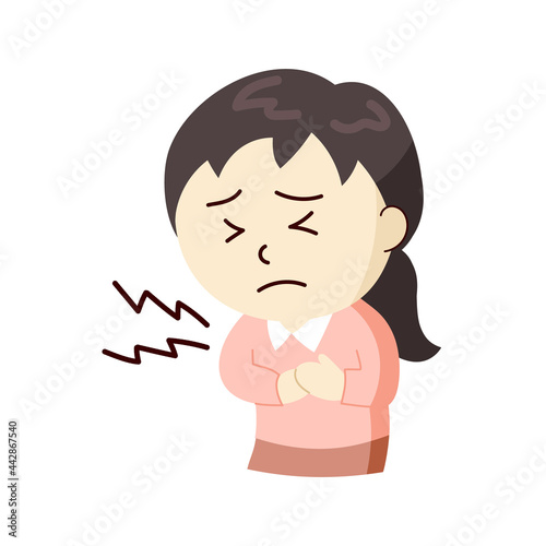 痛みで胸を押さえる女性
