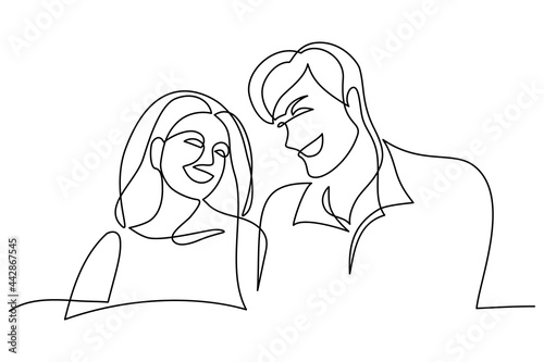 Man flirting with a woman in continuous line art drawing style. Romantic date. Minimalist black linear sketch isolated on white background. Vector illustration