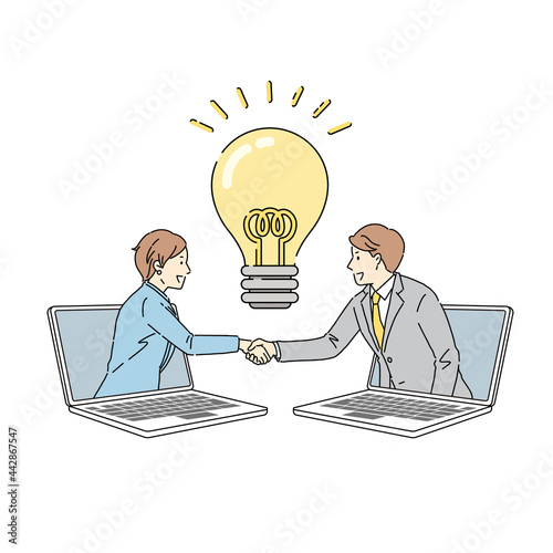 合意、握手する、パソコン、解決、閃き