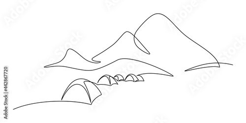 Tourist campsite in continuous line art drawing style. Tent camping area at the foot of mountains minimalist black linear sketch isolated on white background. Vector illustration