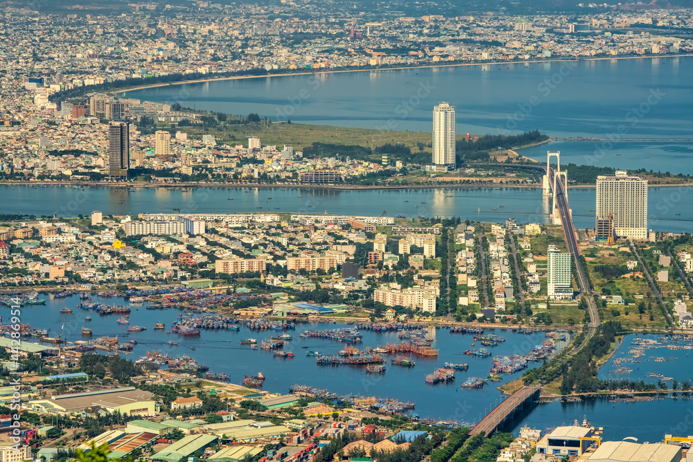 Aerial view of Da Nang city, Vietnam. Cityscape view at Son Tra peninsula. Vung Thung port