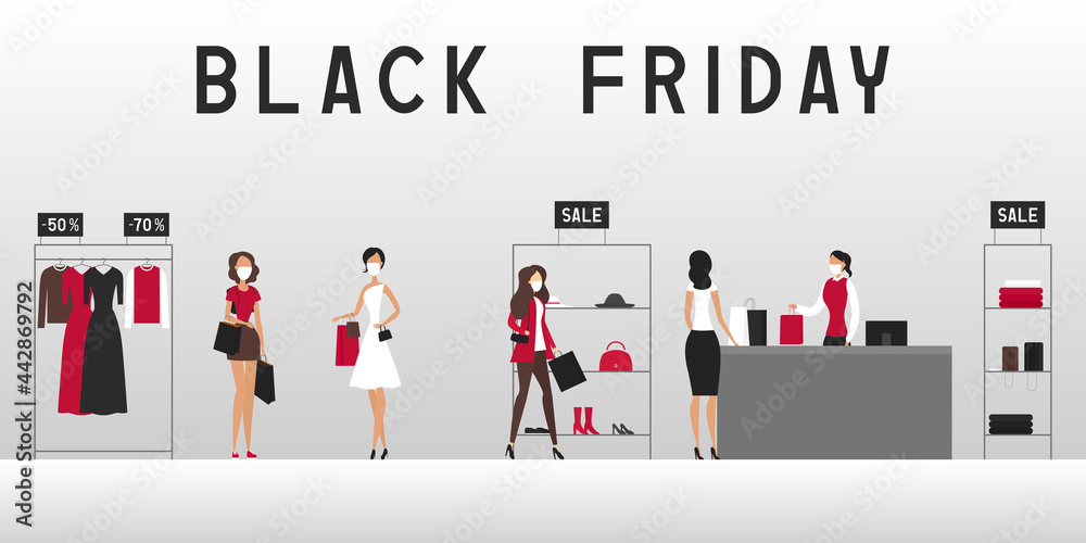 Black Friday shopping. Buyers in protective face masks. Vector illustration.