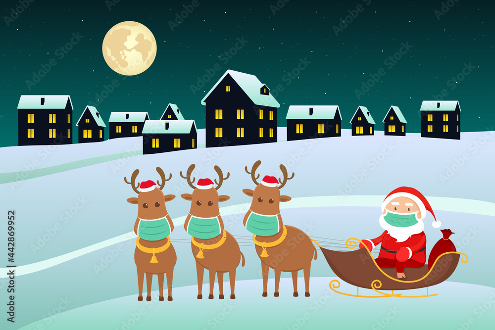 Naklejka premium Santa Claus in medical mask on reindeer sledge. Vector illustration.