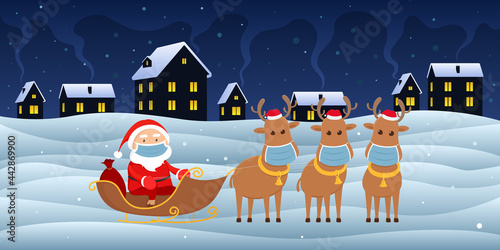Santa Claus in mask on reindeer sledge. Cartoon style. Vector illustration.