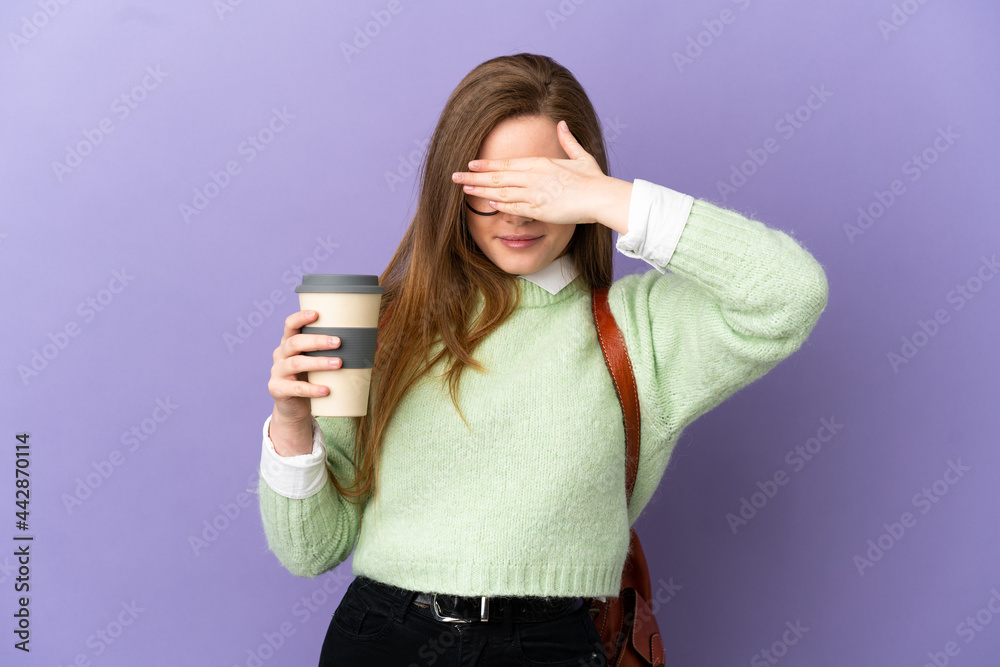 Teenager student girl over isolated purple background covering eyes by hands. Do not want to see something Teenager student girl over isolated purple background covering eyes by hands. Do not want to see something