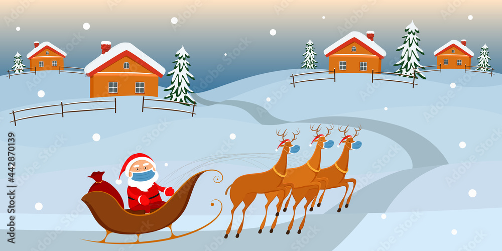 Santa in mask riding on reindeer sledge. Vector illustration.