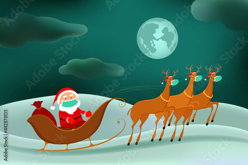 Santa in face mask riding on reindeer sledge. Vector illustration.