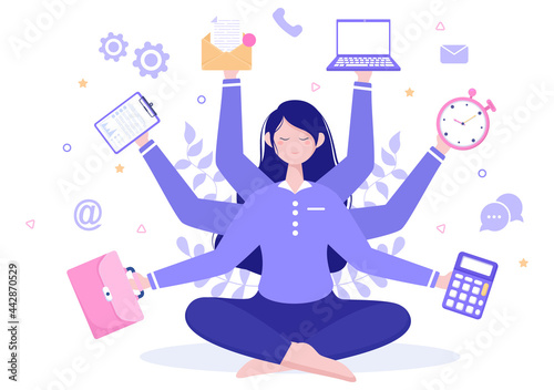 Multitasking Business Woman Or Office Worker as Secretary Surrounded By Hands With Holding Every Job In The Workplace. Vector Illustration