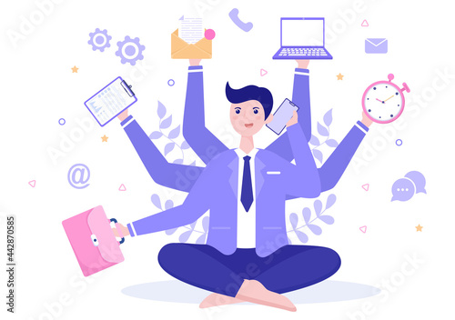 Multitasking Business Man Or Office Worker as Secretary Surrounded By Hands With Holding Every Job In The Workplace. Vector Illustration