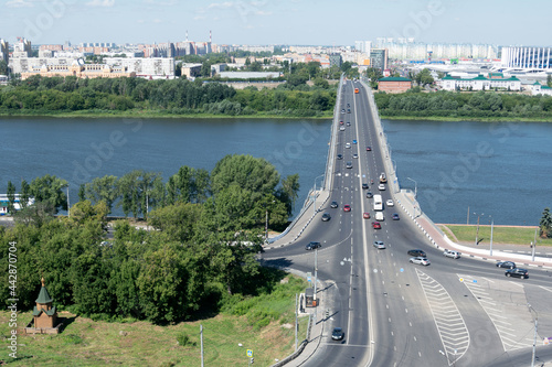 Aerial view of the bridge over the Volga river in the city of Nizhny Novgorod. Architecture concept, landscape
