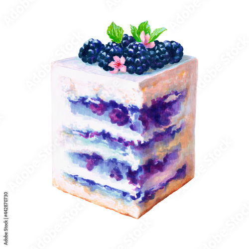 A piece of cake with cream and blackberries. The image is hand-drawn and isolated on a white background. Drawn with markers.