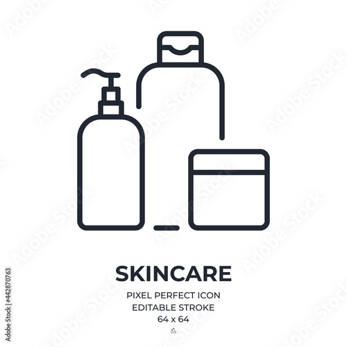Skincare and cosmetics products editable stroke outline icon isolated on white background flat vector illustration. Pixel perfect. 64 x 64.