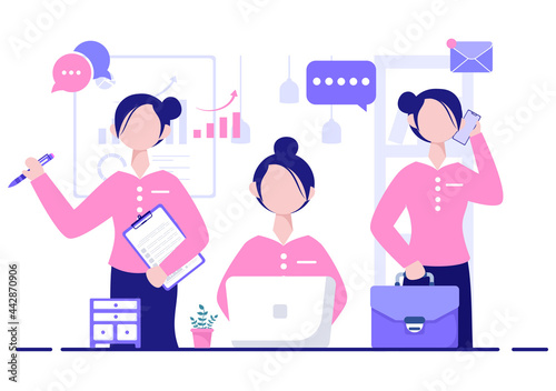 Multitasking Business Woman Or Office Worker as Secretary Surrounded By Hands With Holding Every Job In The Workplace. Vector Illustration