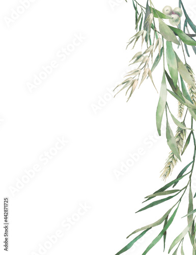 Watercolor floral frame. Hand drawn greeting card design with green leaves and branches isolated on white background. Eucalyptus  fern plants illustration