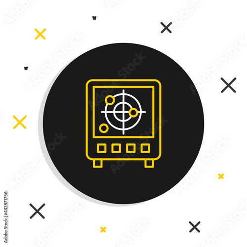 Line Radar with targets on monitor in searching icon isolated on white background. Search system. Navy sonar. Colorful outline concept. Vector