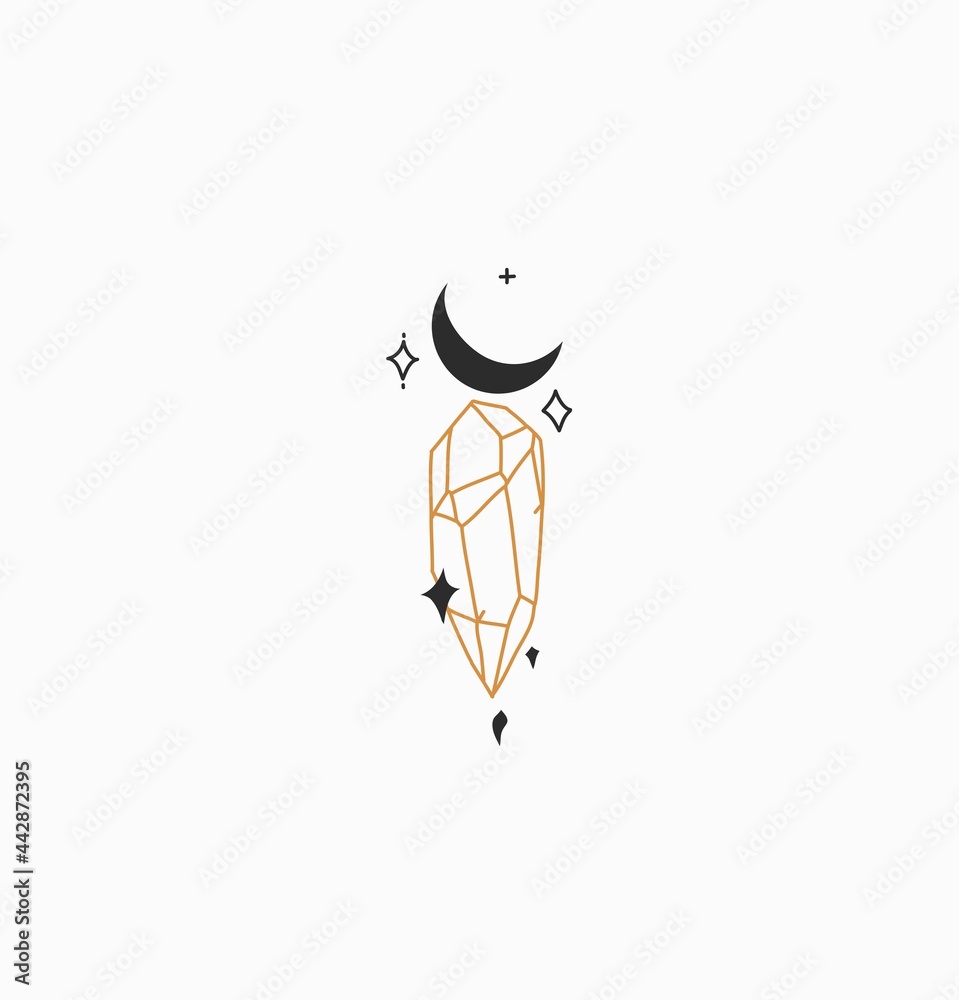 Hand drawn vector abstract stock flat graphic illustration with minimal logo element,bohemian magic line art of crystal,crescent and stars in simple style for branding,isolated on white background