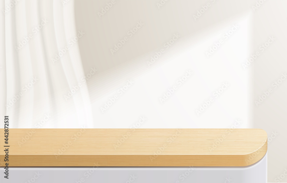 Empty minimal wooden top table, wood podium in white background. for product presentation, mock up, show cosmetic product display, Podium, stage pedestal or platform. 3d vector