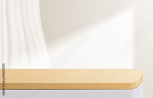Fototapeta Naklejka Na Ścianę i Meble -  Empty minimal wooden top table, wood podium in white background. for product presentation, mock up, show cosmetic product display, Podium, stage pedestal or platform. 3d vector