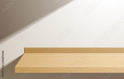 Fototapeta Naklejka Na Ścianę i Meble -  Empty minimal wooden top table, wood podium in white background. for product presentation, mock up, show cosmetic product display, Podium, stage pedestal or platform. 3d vector