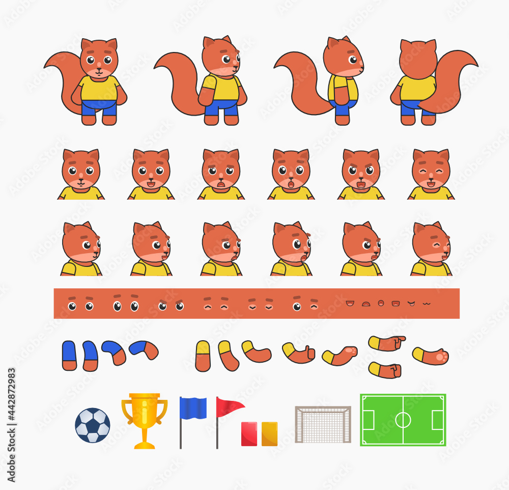 Fototapeta premium Cute squirrel football player creation set, various soccer design elements. Vector illustration bundle