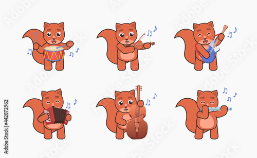 Set of squirrel mascots playing on musical instruments. Cute gopher playing on drum, violin, guitar, accordion, flute, double bass. Vector illustration bundle