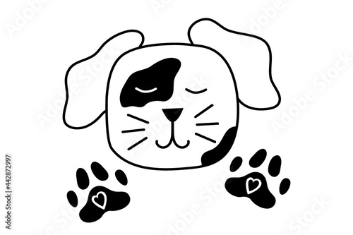 The puppy's muzzle is isolated on a white background. Vector illustration in the doodle style. The paw of an animal, with the face of a dog