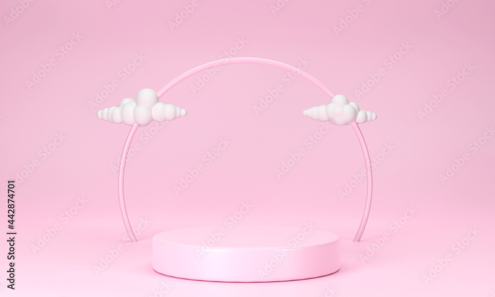 Pink podium with clouds on a pink background minimal. Geometric podium stage layout for website product showcase in modern style. showcase