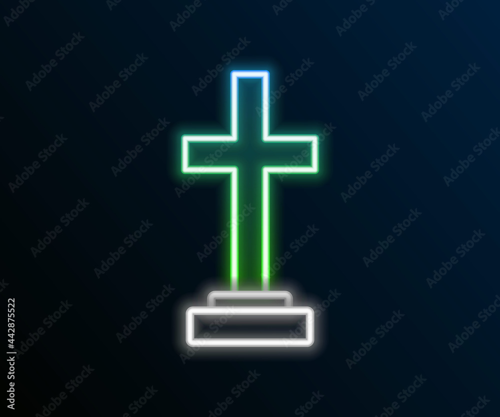 Fototapeta premium Glowing neon line Grave with cross icon isolated on black background. Colorful outline concept. Vector