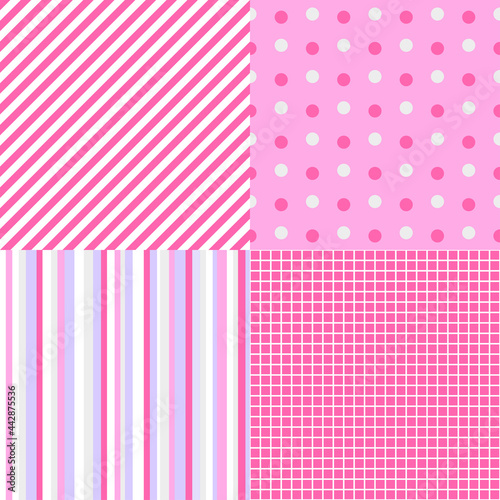 Set of seamless multicolored patterns. Checkered background. Abstract geometric wallpaper of the surface. Dotted texture. Print for polygraphy, posters, t-shirts and textiles. Doodle for design